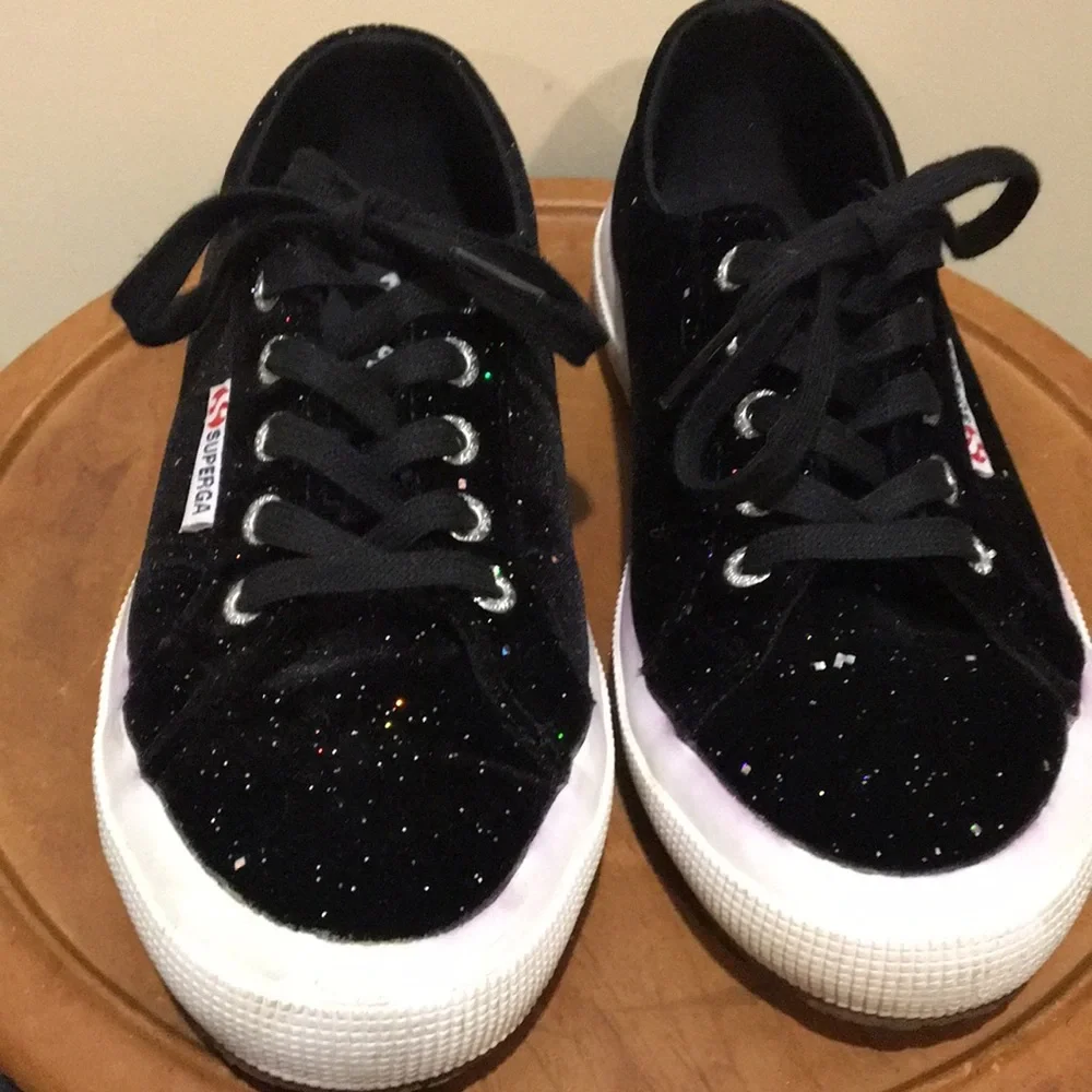 SUPERGA unisex lace up Black Velvet Glitter Sneaker shoe Size 36 (6W/ 4.5M)